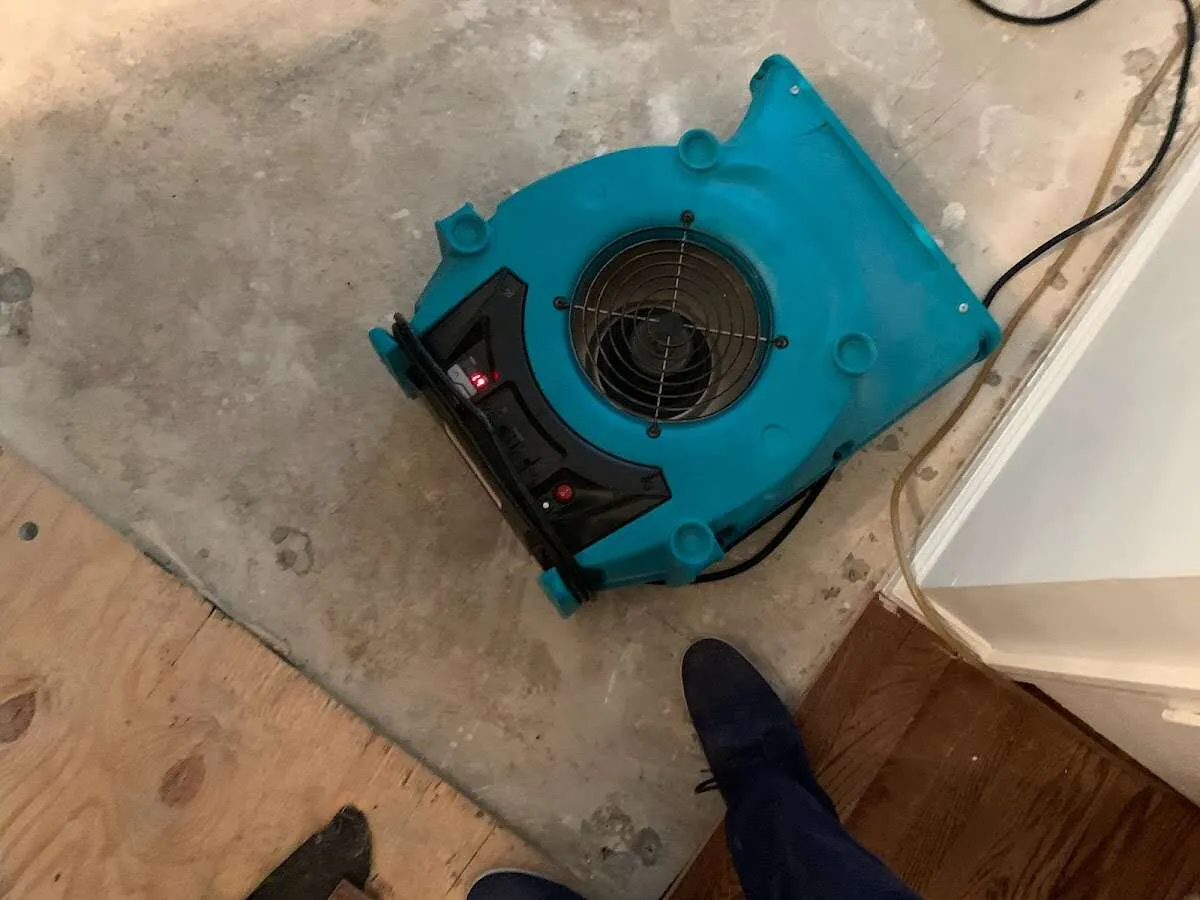 Air mover drying subfloor during Leak Detection & Repair in Quincy
